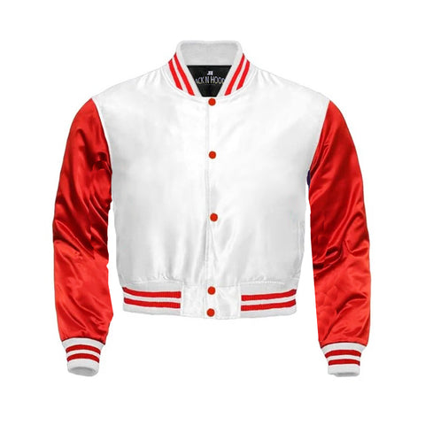 White Cropped Satin Full-Snap Varsity Jacket with Red Sleeves - Jack N Hoods