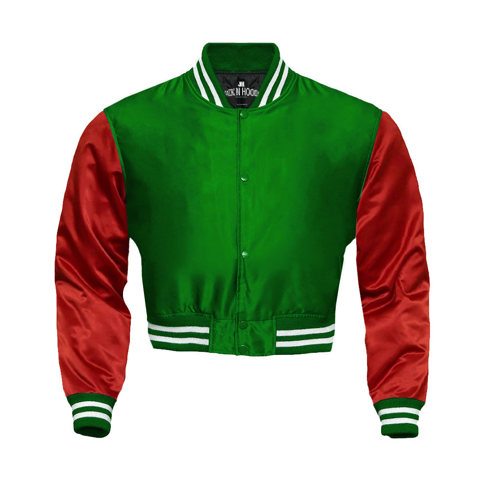 Green Cropped Satin Full-Snap Varsity Jacket with Red Sleeves - Jack N Hoods