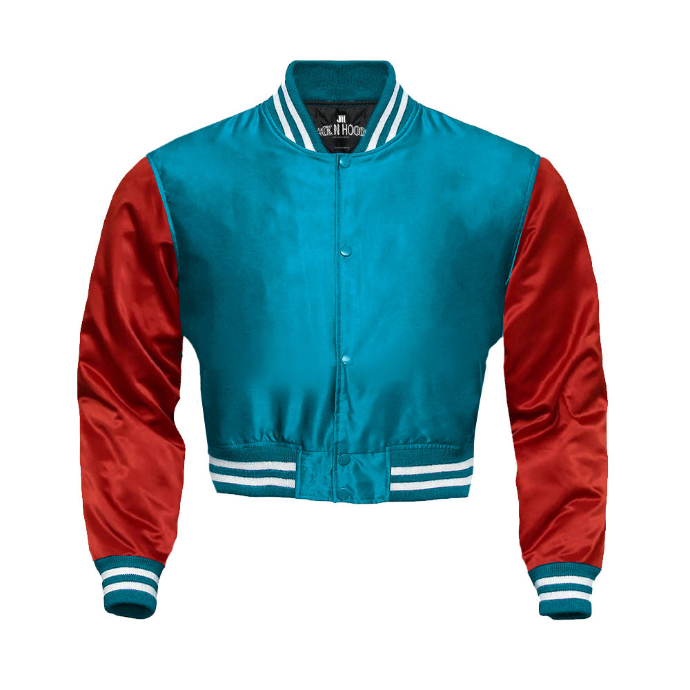 Sky Blue Cropped Satin Full-Snap Varsity Jacket with Red Sleeves - Jack N Hoods