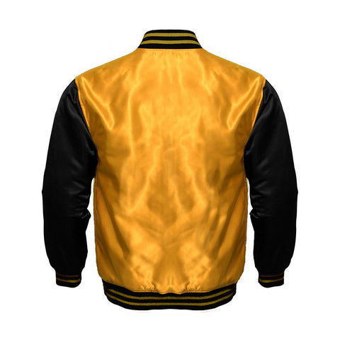 Gold Satin Full-Snap Varsity Jacket with Black Sleeves - Jack N Hoods