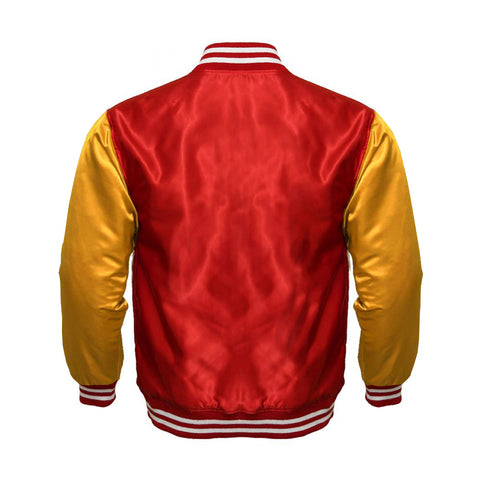 Red Satin Full-Snap Varsity Jacket with Gold Sleeves - Jack N Hoods