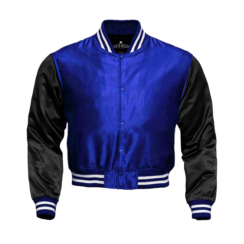 Royal Blue Cropped Satin Full-Snap Varsity Jacket with Black Sleeves - Jack N Hoods