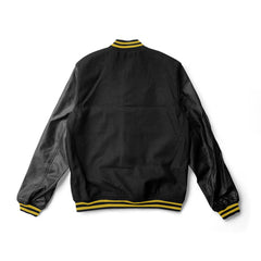 Black Varsity Jacket Black Leather Sleeves and Yellow Stripes - Jack N Hoods