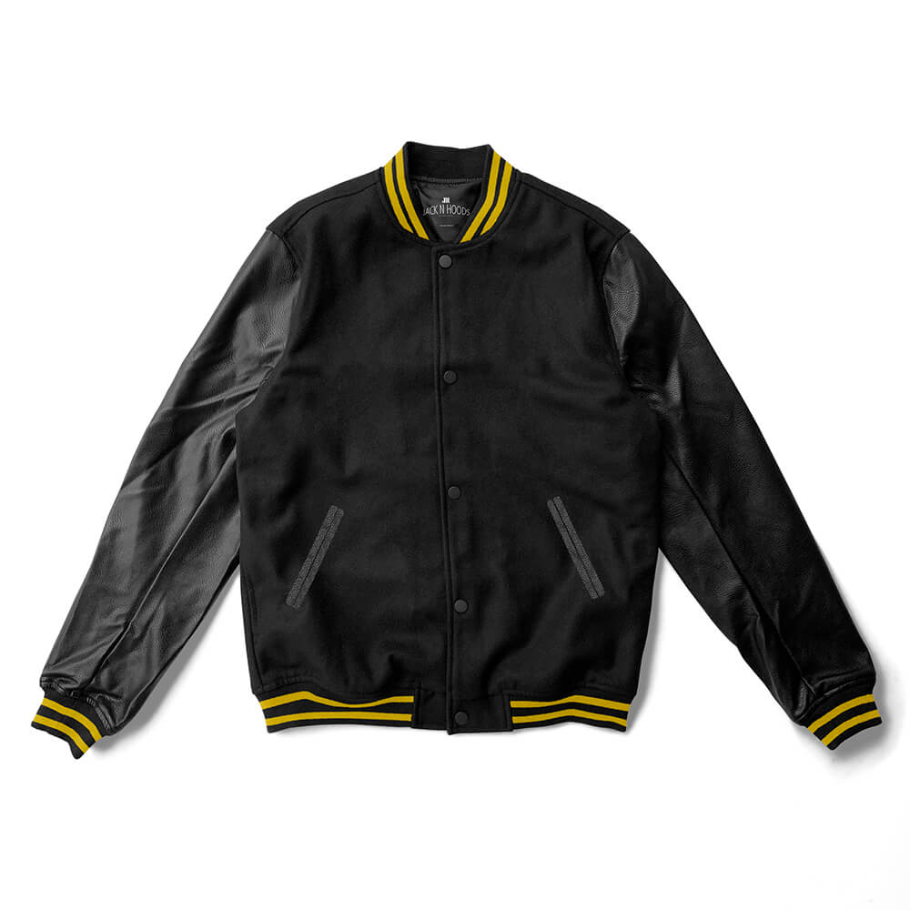Black Varsity Jacket Black Leather Sleeves and Yellow Stripes - Jack N Hoods