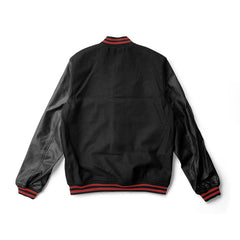 Black Varsity Jacket Black Leather Sleeves and Red Stripes - Jack N Hoods