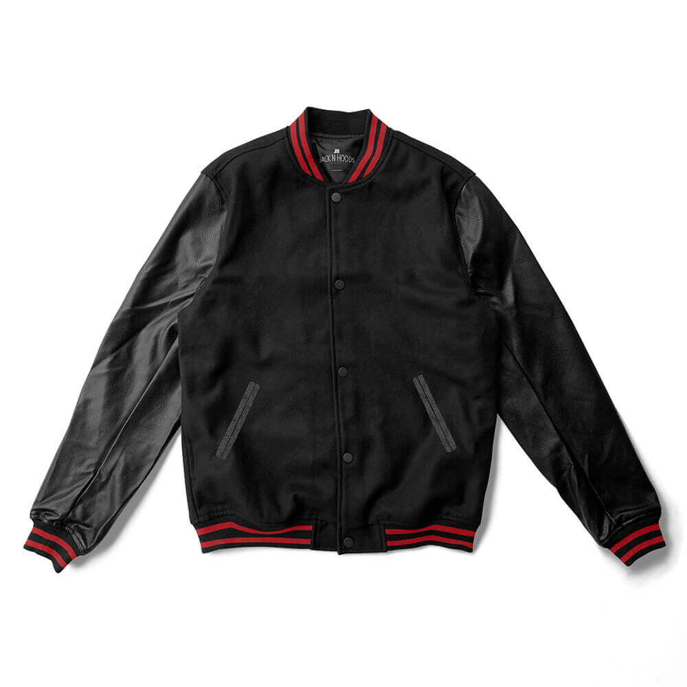Jacks N Hoods Black Varsity Jacket Black Leather Sleeves and Red Stripes - Jack N Hoods L