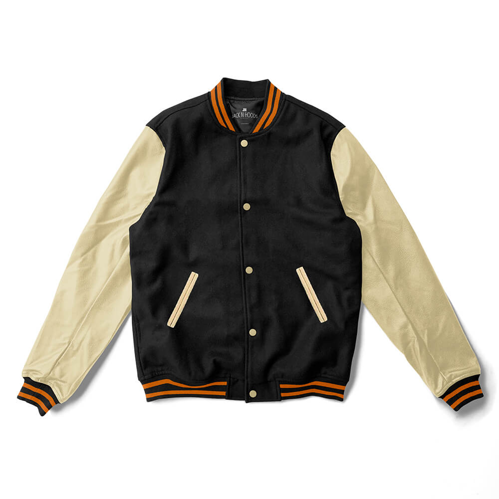 Black Varsity Jacket Cream Leather Sleeves and Orange Stripes - Jack N Hoods