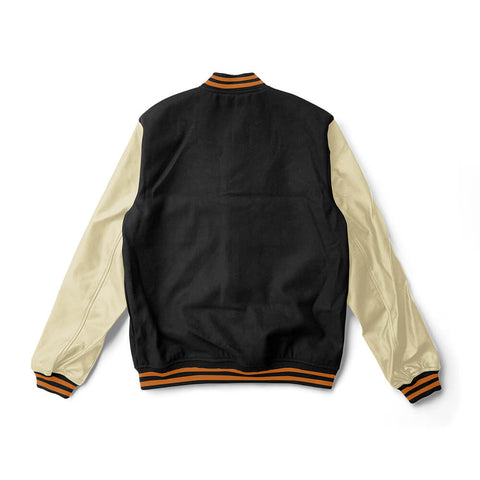 Black Varsity Jacket Cream Leather Sleeves and Orange Stripes - Jack N Hoods