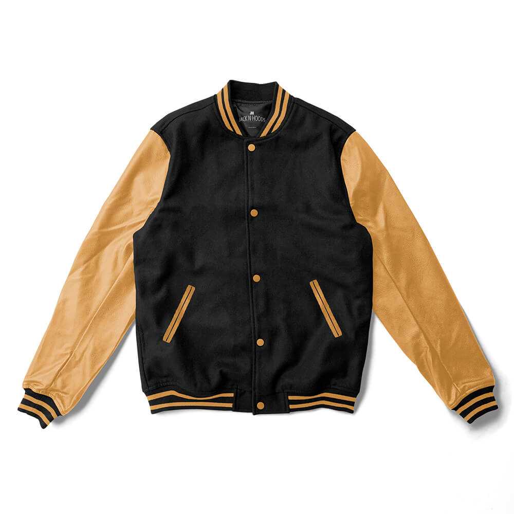 Jacks N Hoods Black Varsity Jacket Black Leather Sleeves and Yellow Stripes - Jack N Hoods L