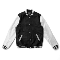 Black Varsity Jacket White Leather Sleeves With White Stripes - Jack N Hoods