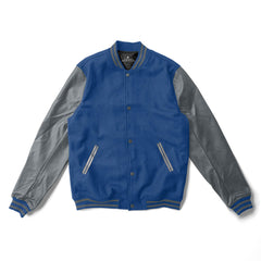 Blue Varsity Jacket With Grey Leather Sleeves - Jack N Hoods