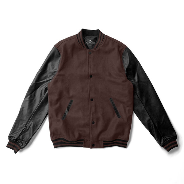 Brown Varsity Jacket Black Leather Sleeves - Jack N Hoods