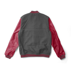 Grey Varsity Jacket With Burgundy Leather Sleeves - Jack N Hoods