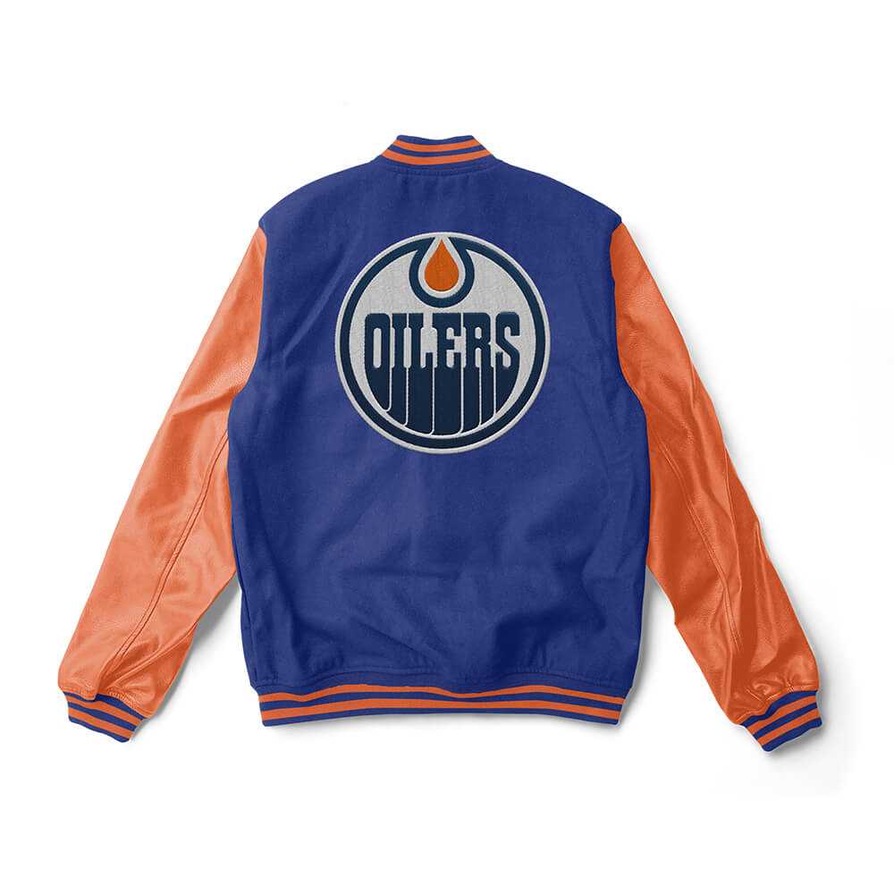 Edmonton Oilers Blue and Orange Varsity Jacket - NHL Varsity Jacket - Jack N Hoods
