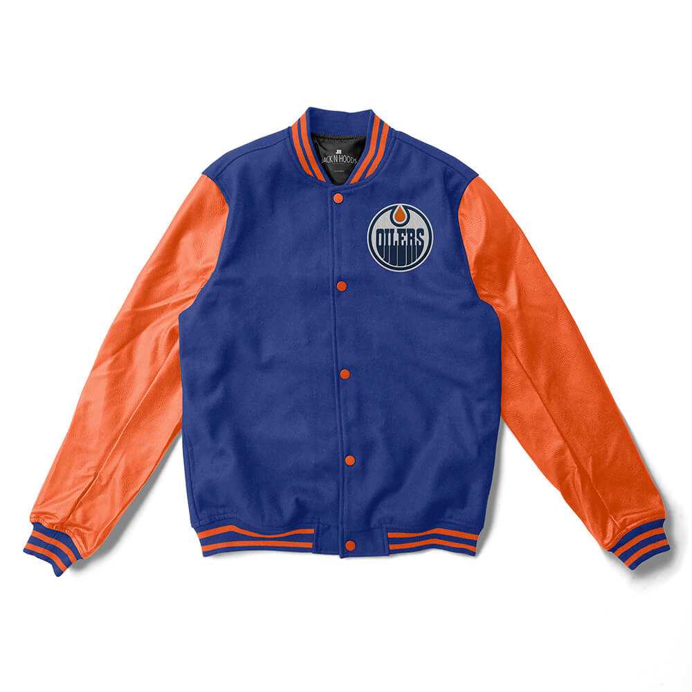 Edmonton Oilers Blue and Orange Varsity Jacket - NHL Varsity Jacket - Jack N Hoods
