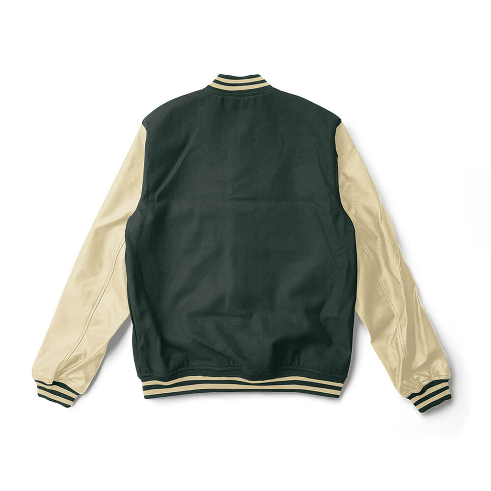 Green Varsity Jacket with Cream Leather Sleeves  - Jack N Hoods