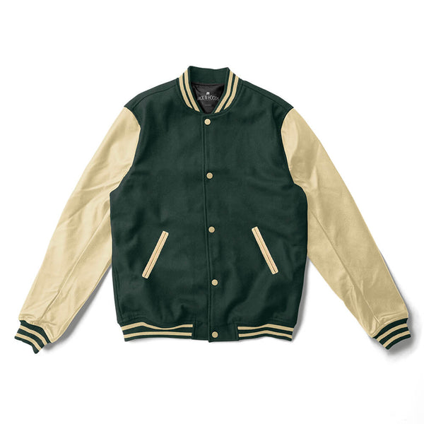 ASOS DESIGN real leather varsity jacket in green with badging | ASOS