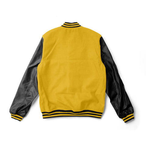 Yellow Gold Varsity Jacket Black Leather Sleeves - Jack N Hoods