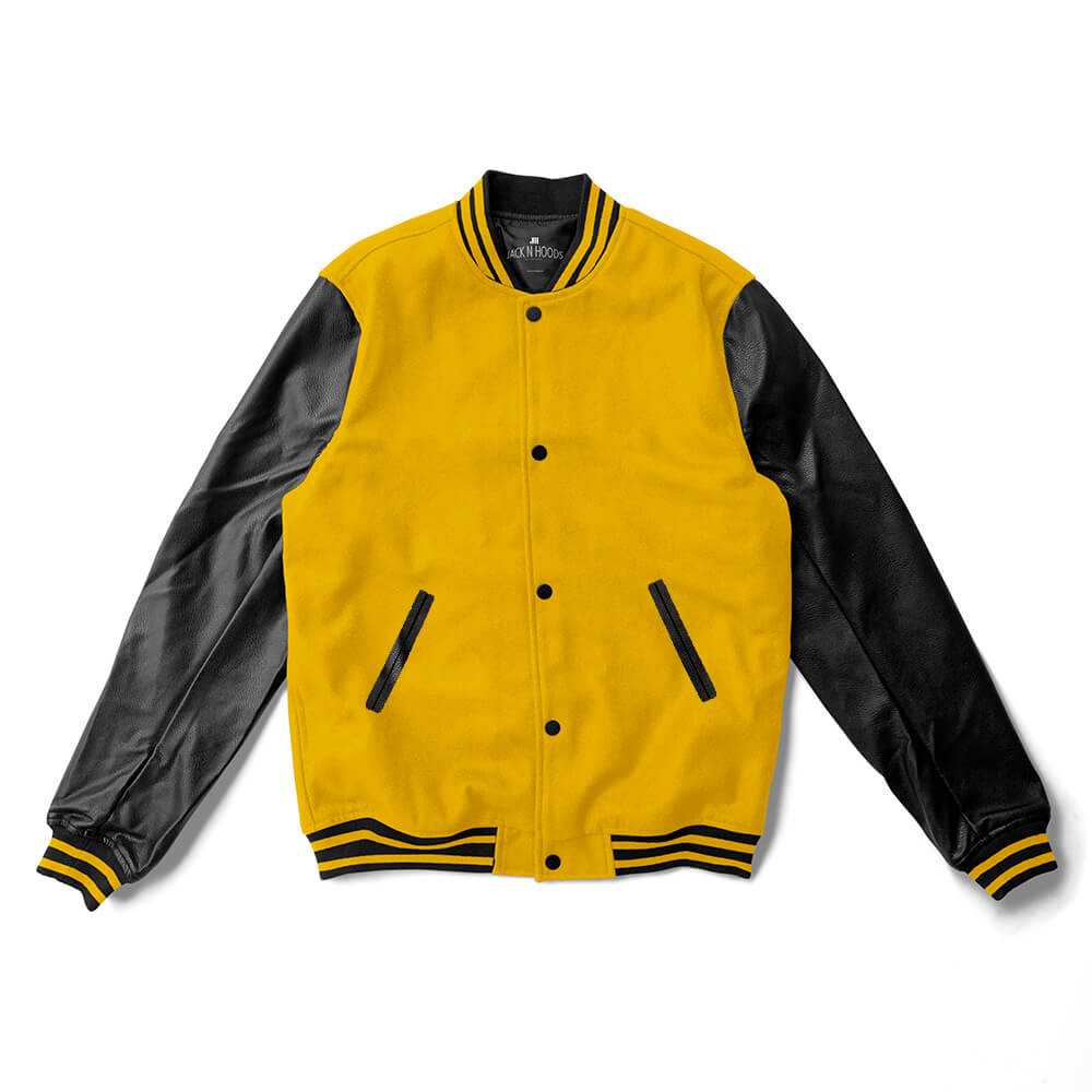 Men's Baseball Style Black and Yellow Varsity Jacket GENUINE LEATHER