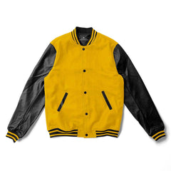 Yellow Gold Varsity Jacket Black Leather Sleeves - Jack N Hoods
