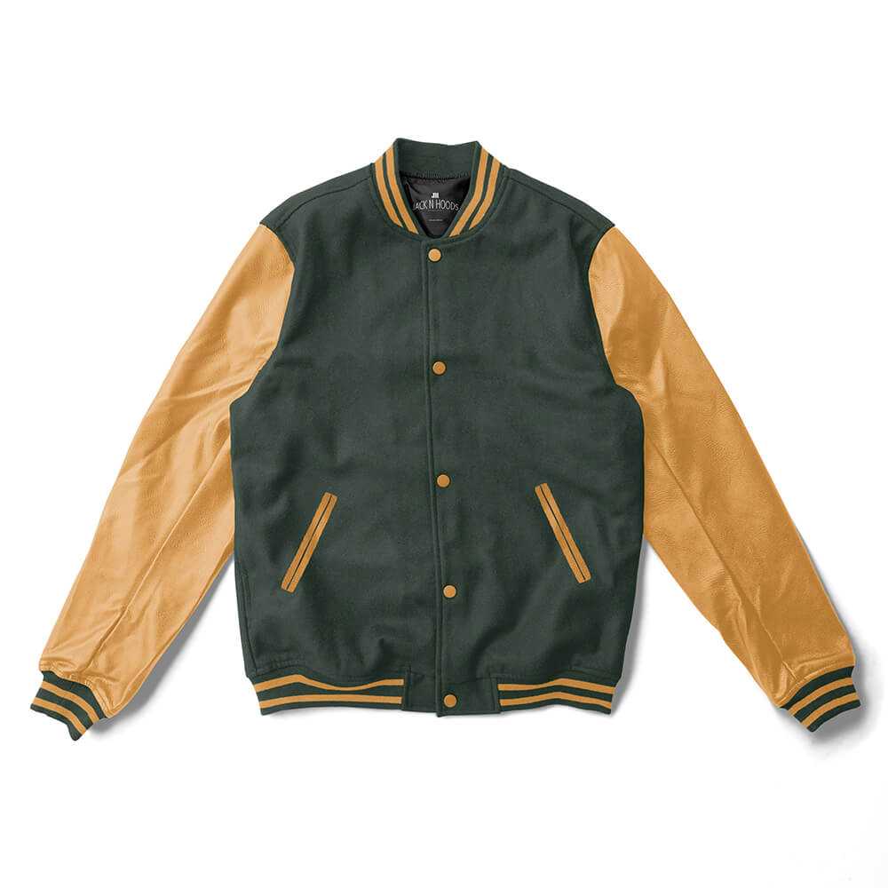 Forest Green Varsity Jacket Gold Leather Sleeves With Gold Stripes - Jack N Hoods