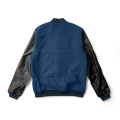 Navy Blue Varsity Jacket Black Leather Sleeves - Jack N Hoods
