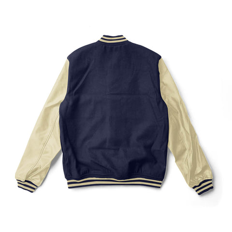 Navy Blue Varsity Jacket Cream Leather Sleeves  - Jack N Hoods