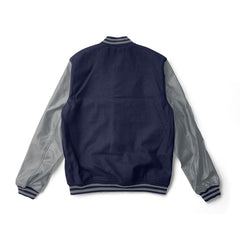 Navy Blue Varsity Jacket Grey Leather Sleeves Grey Stripes - Jack N hoods