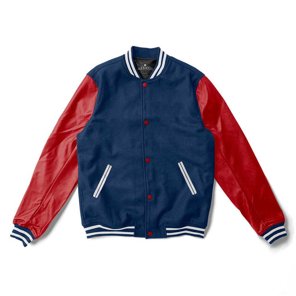 Navy Blue Varsity Jacket Red Leather Sleeves - Jack N Hoods L