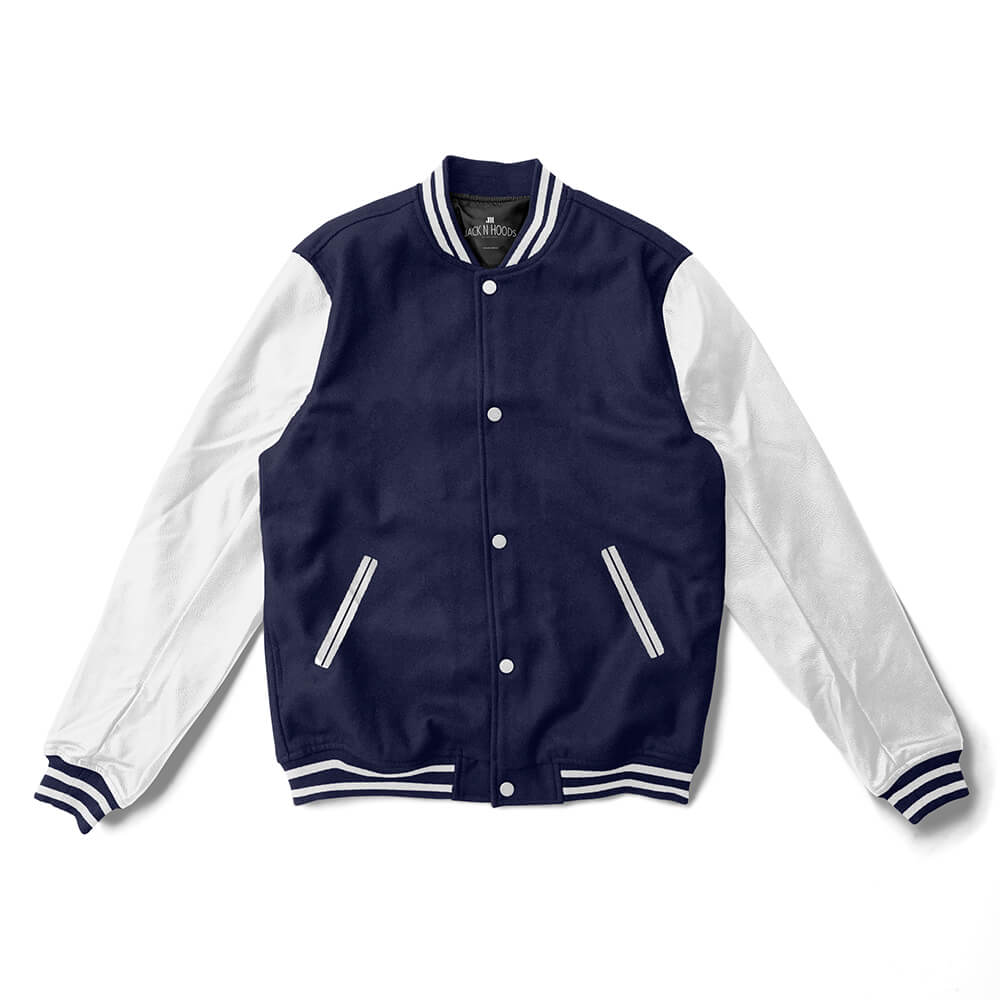 Navy Blue Varsity Jacket White Leather Sleeves Black Stripes - Jack N Hoods L