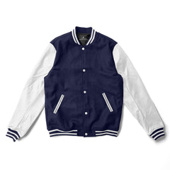 Navy Blue Varsity Jacket White Leather Sleeves Black Stripes - Jack N hoods