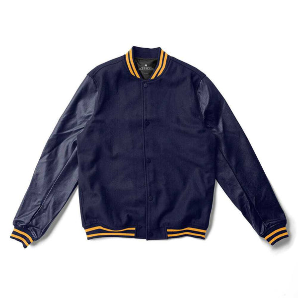 Navy Blue Varsity Jacket Navy Blue Leather Sleeves Yellow Stripes Jacks n Hoods