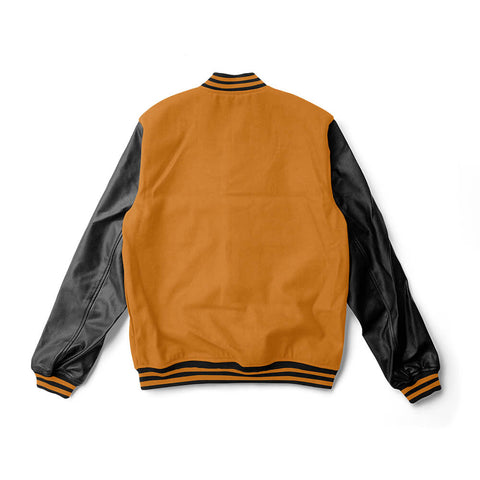 Orange Varsity Jacket Black Leather Sleeves - Jack N Hoods