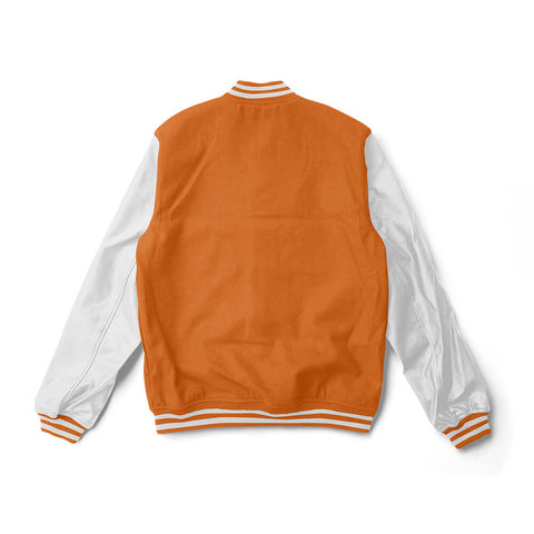Orange Varsity Jacket White Leather Sleeves - Jack N Hoods
