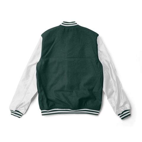 Green Varsity Jacket With White Leather Sleeves - Jack N Hoods