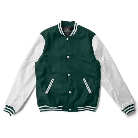 Green Varsity Jacket With White Leather Sleeves - Jack N Hoods