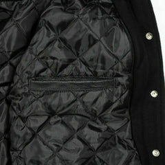 Navy Blue Varsity Jacket White Leather Sleeves Black Stripes - Jack N Hoods L