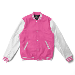 Pink Varsity Jacket White Leather Sleeves - Jack N Hoods