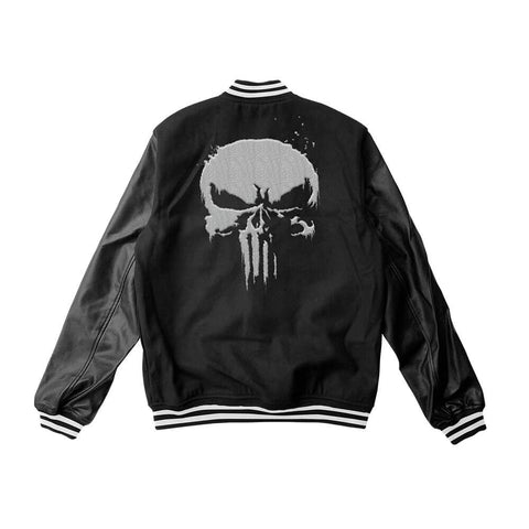 The Punisher Varsity Jacket Black Wool & Leather Sleeves - Super Heroes Varsity - Jack N Hoods