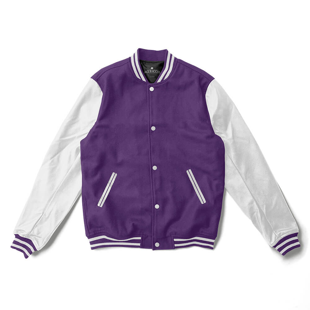 Purple Varsity Jacket White Leather Sleeves White Stripes - Jack N hoods
