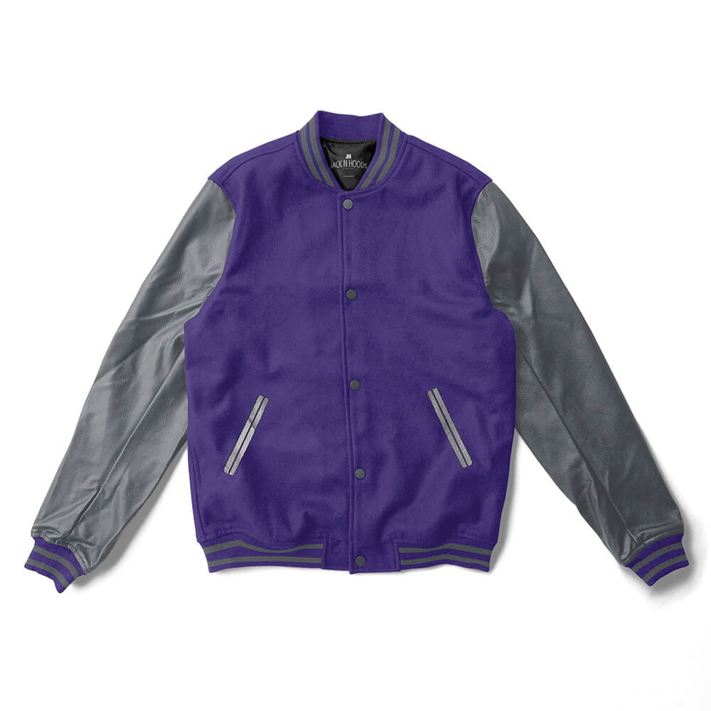 Purple Varsity Jacket Gray Leather Sleeves - Jack N Hoods