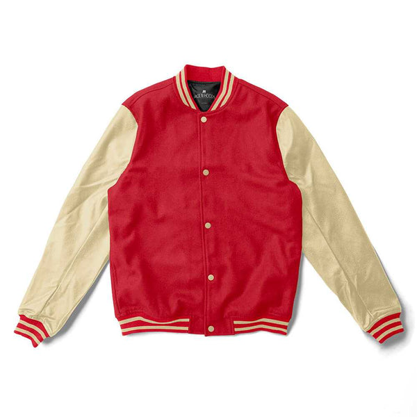 Product of the Streets LEATHER SLEEVES Varsity Jacket (Red/Tan