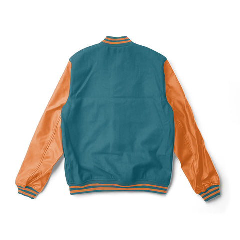 Sea Green Varsity Jacket Orange Leather Sleeves - Jack N Hoods