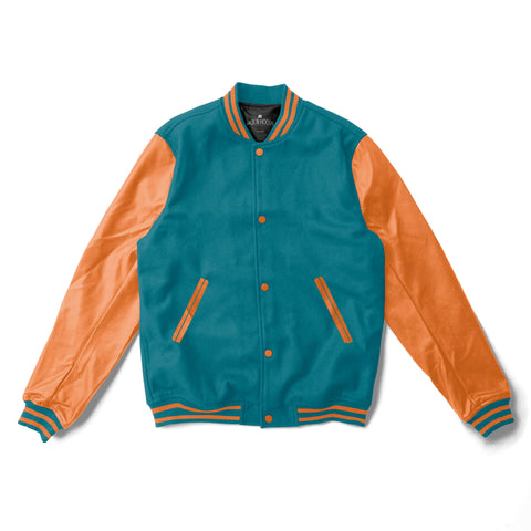 Sea Green Varsity Jacket Orange Leather Sleeves - Jack N Hoods