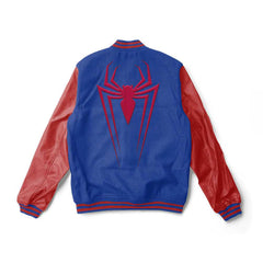 Spiderman Varsity Jacket Blue Wool & Red Leather Sleeves - Super Heroes Varsity - Jack N Hoods