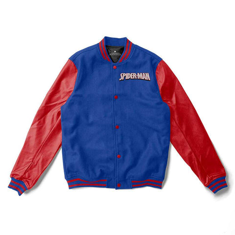 Spiderman Varsity Jacket Blue Wool & Red Leather Sleeves - Super Heroes Varsity - Jack N Hoods