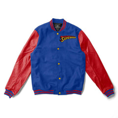 Superman Varsity Jacket Blue Wool & Red Leather Sleeves - Super Heroes Varsity - Jack N Hoods
